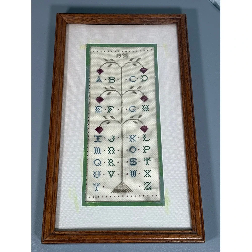 Vintage 1990 Hand Stitched Cross Stitch Alphabet Sampler Framed Tree of Life Art
